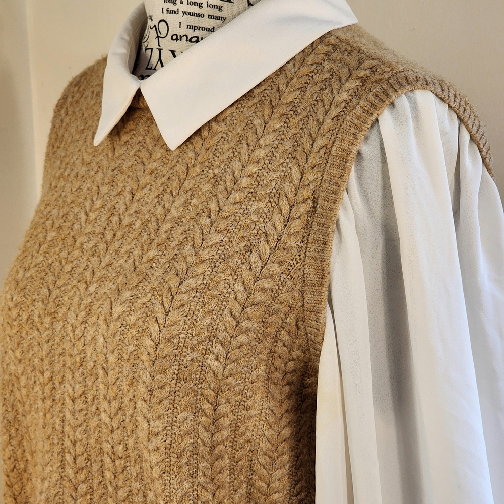 CeCe Soft Tan Knit Vest With Collar And Sleeves - Picture 6 of 13